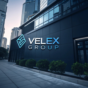 Velex Group's logo is a chic design with a dark background and sleek blue symbol. The logo features a modern font and a clean, uncluttered look.