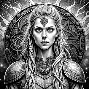 shieldmaiden perfect realistic art, high-definition, high-definition grey and black, white background 