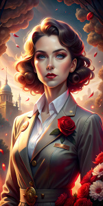 Crea una imagen de: UNA MUJER CON Pasión ardiente y liderazgo carismático en el dominio DEL AMOR . Ropa y entorno 1940. Romántico. 64K. Cinematico. Realista. Finos detalles