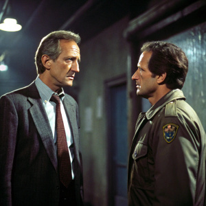 Daniel J. Travanti and James Sikking in a tense standoff scene from Hill Street Blues. Travanti, in a sharp suit and tie, stands firm. Sikking, wrapped in a military jacket, faces him. Dimly lit room with shadowy corners adds to the dramatic mood.