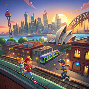 A screenshot from Subway Surfers: World Tour Sydney. The interface features a bustling city skyline. Characters sprint across rooftops. Vibrant colors and dynamic action