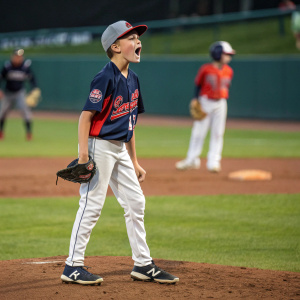 Mickey Moniak, young baseball player, intense expression. Wearing team jersey and hat. Pitching mound backdrop