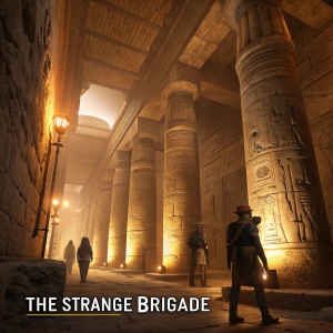 Concept art depicting The Strange Brigade in an eerie, ancient Egyptian temple. Massive stone pillars and intricate carvings illuminate under a soft, golden light. The logo of The Strange Brigade subtly positioned at the base of the illustration.