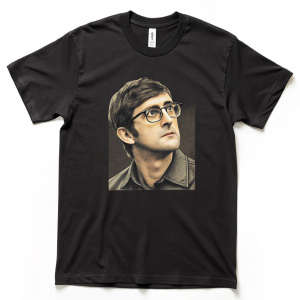 Louis Theroux inspired black t-shirt with vintage design. Featuring a small image of Louis Theroux. The t-shirt is photographed against a white background, highlighting the graphic design.