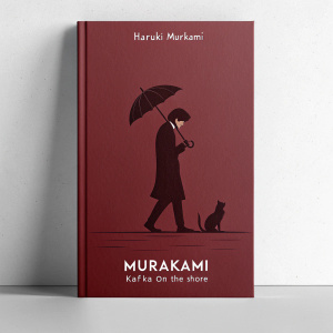 Minimalist book cover for 'Murakami: Kafka on the Shore'. Rich, deep red background. Silhouette of a person with an umbrella and a cat-like figure. Author's name and title in elegant font.