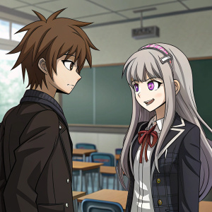 Makoto Naegi and Kyoko Kirigiri from the game Danganronpa. Makoto has brown messy hair and a serious expression. Kyoko has long, straight gray hair and a kind smile.