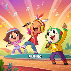 Cartoon characters singing and dancing in a vibrant animated scene. Filipino subtitles.