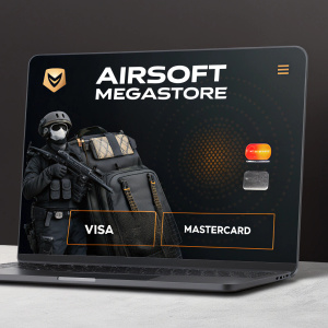 An image of a sleek Airsoft Megastore website. Modern, minimalist design with prominent product display. Dark background. Warranty info and payment options for Visa and Mastercard highlighted.
