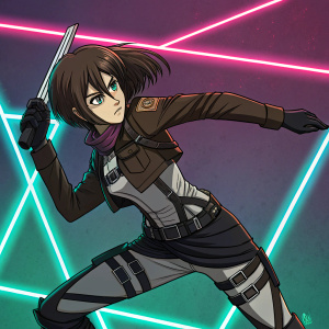 Sasha Braus from Attack on Titan, in dynamic action pose, dark outfit with intricate straps, against vibrant neon background.