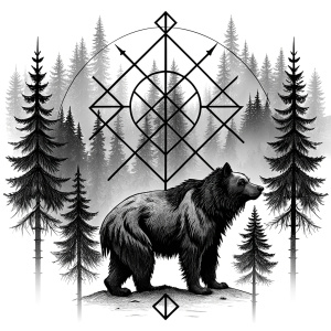 vegvisir runes geometric symbol - bear and trees - tattoo design - perfect realistic art - high-definition - grey and black - white background 