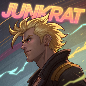 Digital portrait of Junkrat with golden hair. Resolute expression. Bold action text swirls around dark silhouette. Abstract neon colors background