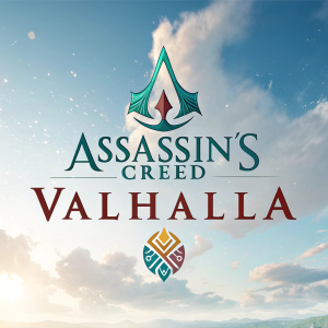 Assassin's Creed Valhalla logo, sleek and modern design. The background is a vibrant, light blue sky with clouds