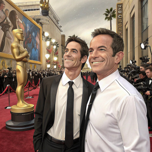 Adam Vetri and Jeff Probst on the Academy Awards red carpet. Adam Vetri in a dark suit, Jeff Probst in a white shirt and black tie. Crowd and flashing cameras in background.