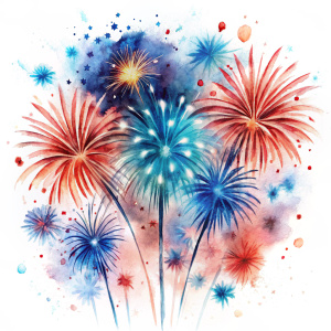 Watercolor fireworks 4th of July  on white background