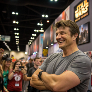 Nathan Fillion, actor, smiling confidently at a bustling convention. Gray t-shirt, surrounded by excited fans. Star Wars banners and posters line the walls.