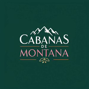 Cabanas de Montana's logo. Dark green background with maroon text. Modern font. Simple and sleek design.