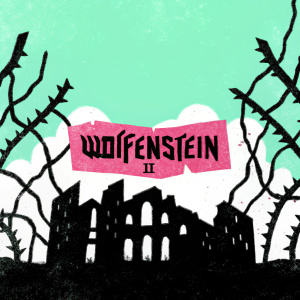Illustration for Wolfenstein II. Dark, detailed scene with intricate, plant-like structures and crumbling architecture. Grey-scale color scheme. 3D rendering with logo prominently displayed.