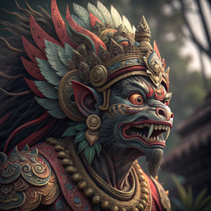 Digital 3D model of a Balinese demon. Expressive face, intricate headdress, detailed design