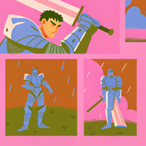 Digital art series featuring Guts from Berserk. Various panels showcase Guts donning armor, preparing for battle. Detailed sketches and colored artwork.