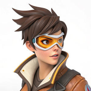 3D model of Tracer from Overwatch, digital fan art. Isolated against a simple white background, close-up on her face.