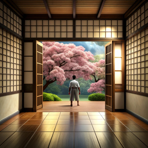 through open shoji doors of a dojo you can see a training martial art fighter next to a cherry tree with blossoms