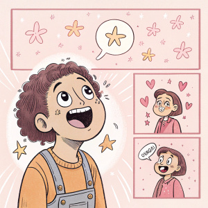 A detailed hand-drawn comic panel in pastel colors. The comic, written in Spanish, features a character with expressive, cartoon-like face conveying various emotions.
