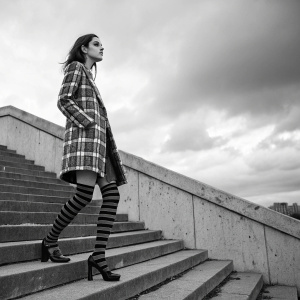 Serious young woman in plaid jacket and striped stockings. Concrete staircase outdoor scene. High heels and dark hair