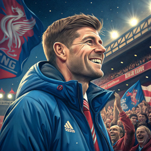 Steven Gerrard, smiling, wearing a blue sports jacket. Surrounded by fans at a stadium.