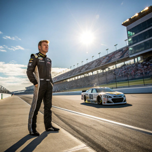 Jamie McMurray, standing in a race track. Chevrolet SS car visible in background. Sunny day, energetic atmosphere