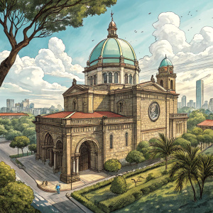 A panoramic view of Manila Cathedral. Located in Intramuros, Manila, Philippines. Ornate stone structure with greenish-blue dome, surrounded by lush greenery and trees. Clear sky with fluffy clouds in the background.
