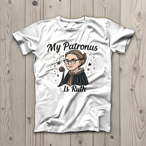 Ruth Bader Ginsburg t-shirt design. Cartoon character illustration with the slogan 'My Patronus is Ruth' in a whimsical font. Wooden background with natural wood grain texture