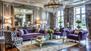 An interior with mirrored furniture, velvet upholstery, and crystal accents, showcasing Hollywood Regency inspiration.