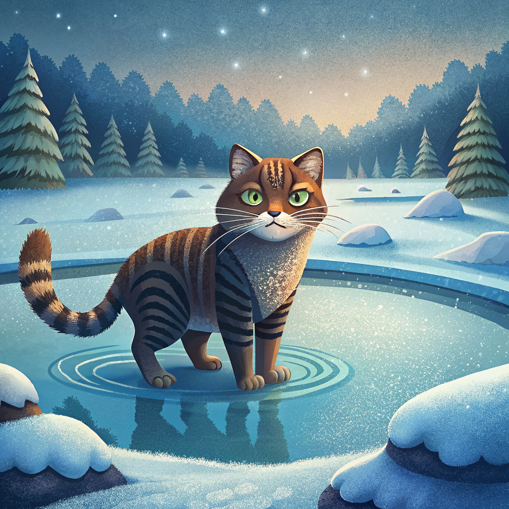 a fishing cat near a pond in winter