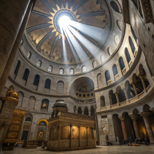 Inside the Church of the Holy Sepulchre in Jerusalem, Israel. A massive domed ceiling with a central skylight bathes the interior in a divine light, casting dramatic shadows on the ancient stone walls adorned with intricate designs and arches filled with ornate details.