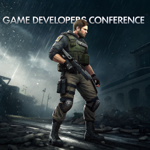 Chris Redfield from Resident Evil, standing in combat-ready stance. Determined face, tactical outfit, bulletproof vest, gloves, boots. Dark stormy background with debris and Game Developers Conference logo