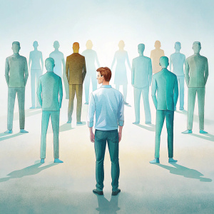 the man is among other people, but feels very lonely. people around are translucent