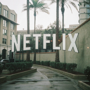 A vibrant depiction featuring the distinctive Netflix logo against a vivid yellow backdrop. The retro-styled 'NETFLIX' is rendered in a sleek, modern font with sharp edges and bold colors.