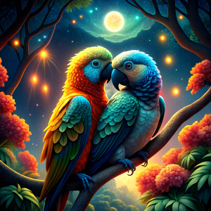 two parrots hugging in a tree