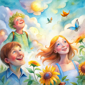 
Men women children laugh the clouds leave flowers buterrflies sunflower birds