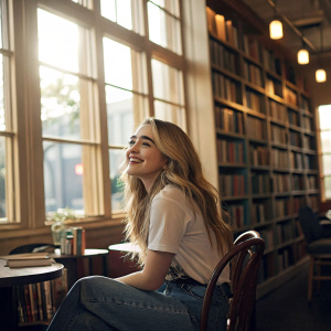 Sabrina Carpenter, in a cozy cafe, surrounded by bookshelves and natural light. Casual attire, smiling