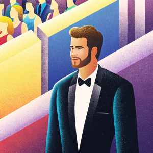 Close-up portrait of Liam Hemsworth. Dapper in a black tuxedo with white shirt and black bow tie. Event is the premiere of his latest film. Crowd blurred in background