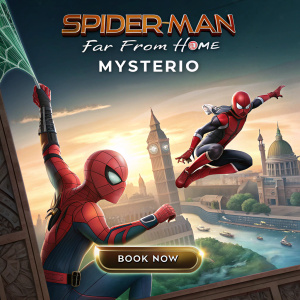 Interactive booking screen for 'Spider-Man: Far From Home'. Spider-Man and Mysterio in dynamic aerial pose. Countdown timer for release date. 'Book Now' button prominently displayed.