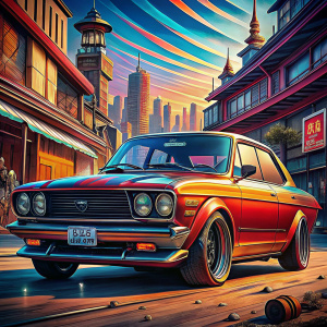 hyper realistic, Datsun 510, wide body kit, lowered, oversized wheels, very detailed rims, race rear wing, cinematic background