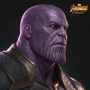 Digital art depicting Thanos from Avengers: Infinity War. Richly textured purple skin, deep wrinkles. Dark, undefined background. Marvel Studios logo