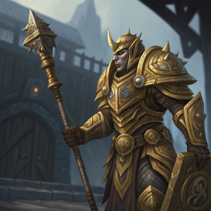 Illustration of a Zandalari Troll Paladin from WoW. Golden armor, detailed weapon, blurred dark structure background, focus on character, detailed textures and lighting