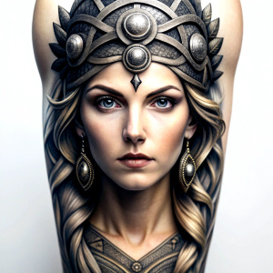 frigg– nordic godness - perfect realistic art - high definition - grey and black tattoo design - white background 