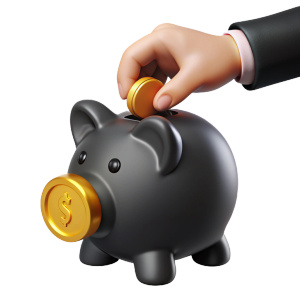 black hand put gold coin into piggy bank