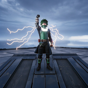 3D render of Izuku Midoriya, hero from My Hero Academia, standing in dramatic pose on a virtual platform.
