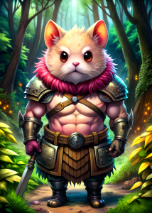 kawaii hamster dorohedoro   warrior monster  black pink supersaya  body complete background forest