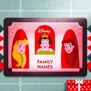 High-resolution close-up of a custom Christmas doormat featuring Disney characters and a festive design. Grey background. Personalized message area for family names and a gift box illustration.